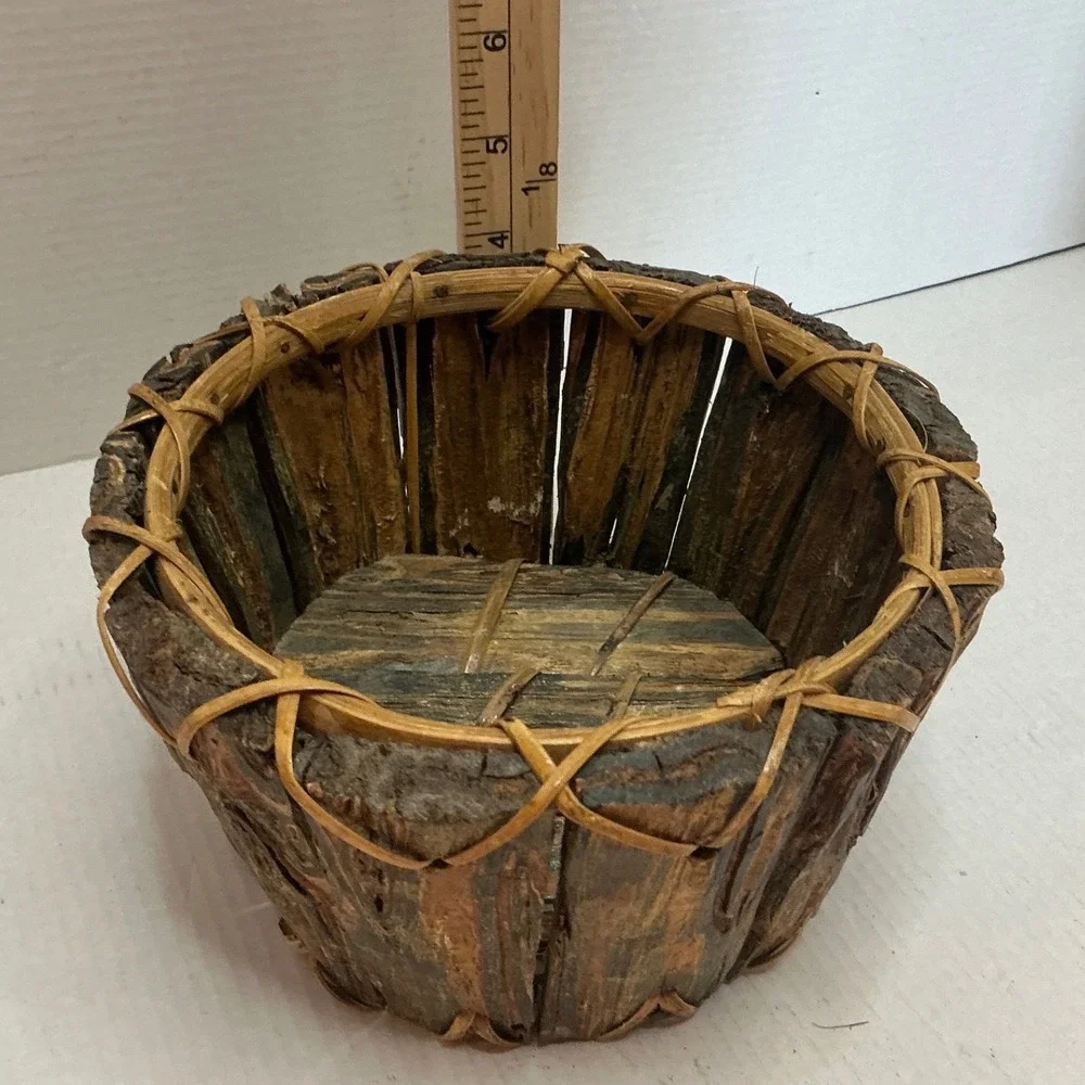 Vintage Bark Wood Basket Rustic Round Planter Brown Cabin Decor 8.5in